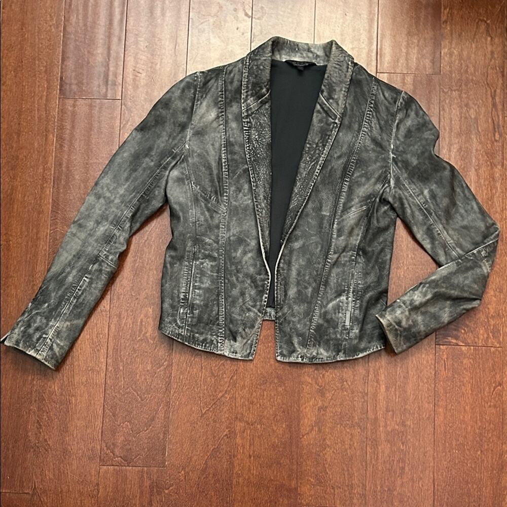 Babakul Women's Biker Y2K Style Leather Distressed Gray/Black Jacket, Size Small